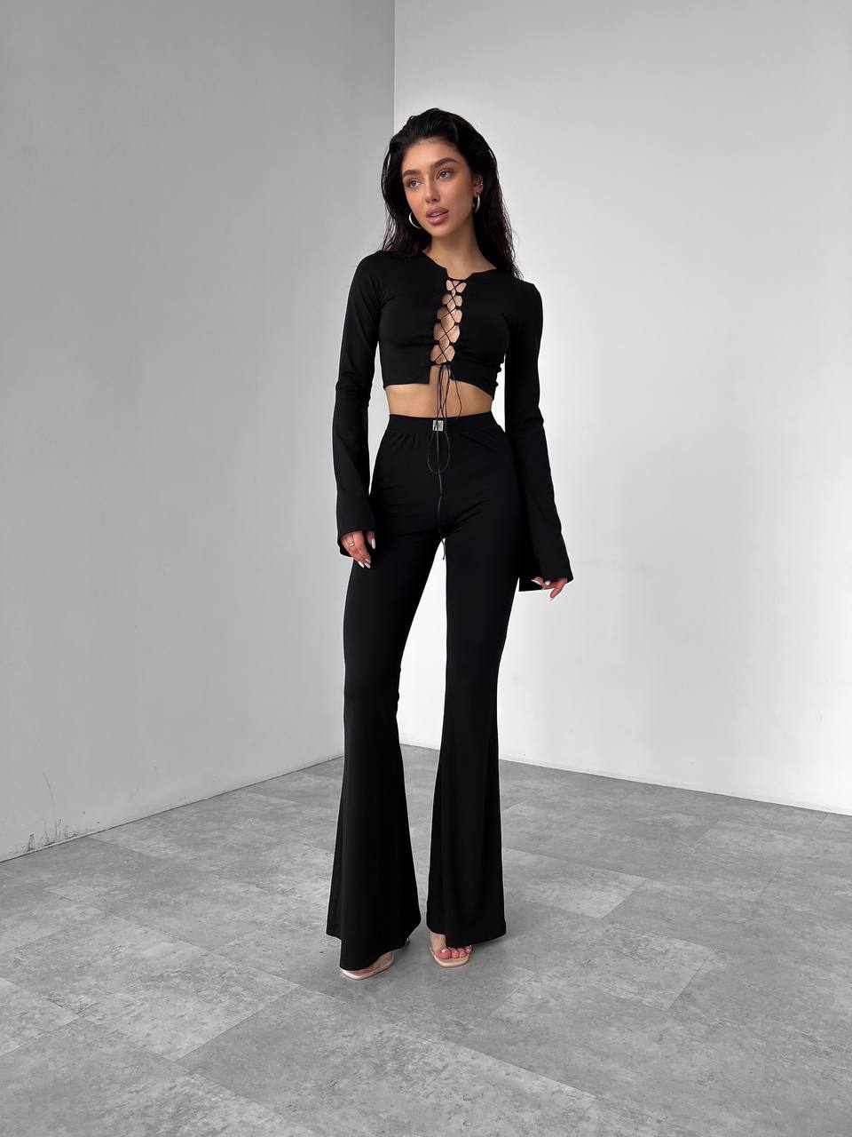 black trousers two piece long sleeve top set